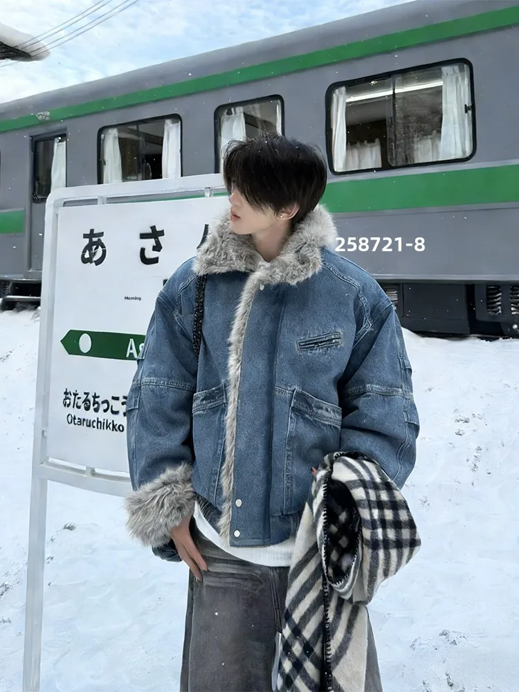 

Blue Waed Denim Jaet Men's Winter Thiened Flight Cotton Coat with Fur Collar Casual Sli Outerwear for Teens