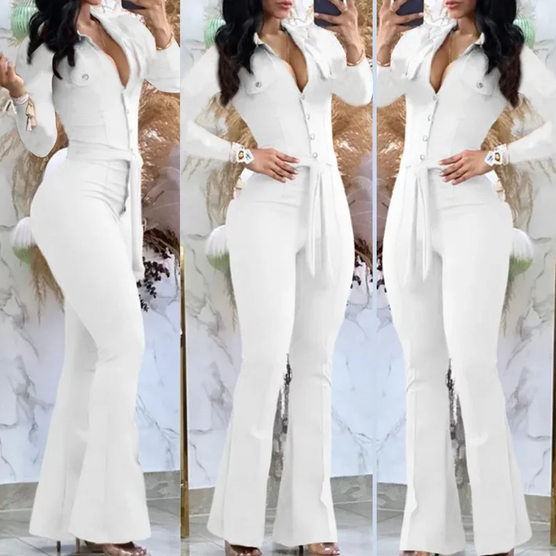 

Women's Clothing Button Lapel Pants Workwear Pockets Jumpsuit Long Sleeve Solid Color Single Breasted Jumpsuits with Belt