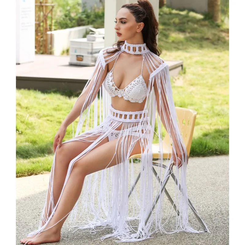 Tassel Hand Crochet Knitted Women Bikini Cover Ups 2023 Summer Holiday Beach Bathing Suit Sexy Hollow Out Skirts Matching Set