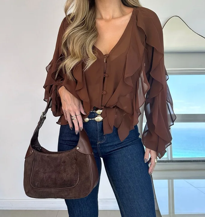 

Women's Elegant Blouses V-Neck Shoulder Asymmetrical Pleated Shirt Casual Button Front Long Sleeved Top High Street Vintage Top