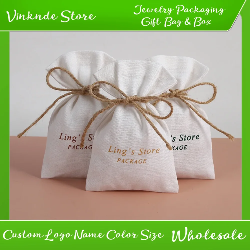 

100pcs Custom Logo Cotton Burlap Drawstring Gift Candy Bags Jewelry Rings Packaging Pouches Wedding Favor Candy Cosmetic Bag