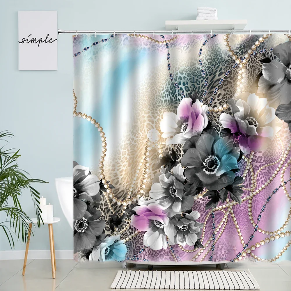 Pearl Floral Shower Curtains Colorful Leopard Background Bath Curtain Black Flowers Waterproof Fabric Bathroom Decor with Hooks