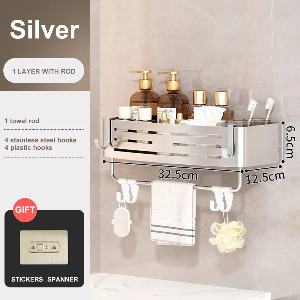 1-2PCS Badkamer Hoekplank met Plastic Haak Handdoekstang Geen Boorruimte Aluminium Douche Opbergrek Badkamer Organizer