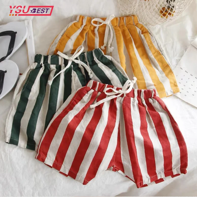 

1-6Yrs Summer Baby Boys Stripe Shorts Kids Girls Linen Cotton Shorts Knee Length Toddlers Kids Loose Casual Shorts Korean Style