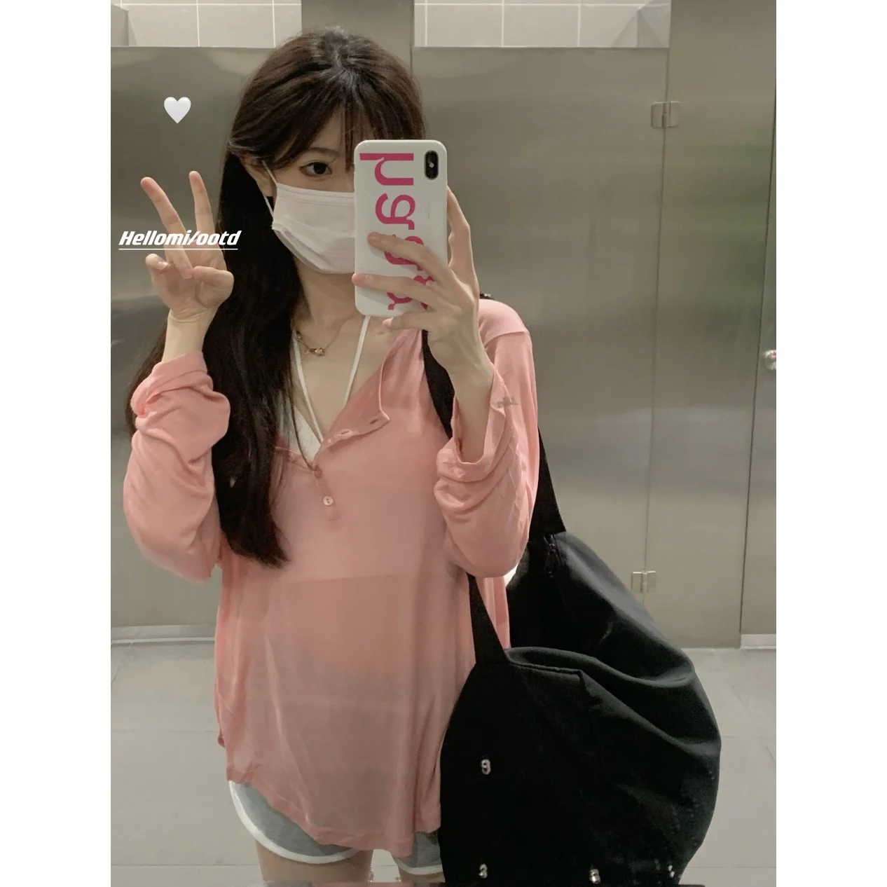 Grey Loose Fit Long Sleeve V-Neck T-Shirt Thin Summer Sun Protection Casual Style Chic Top for Early Autumn Leisure Wear