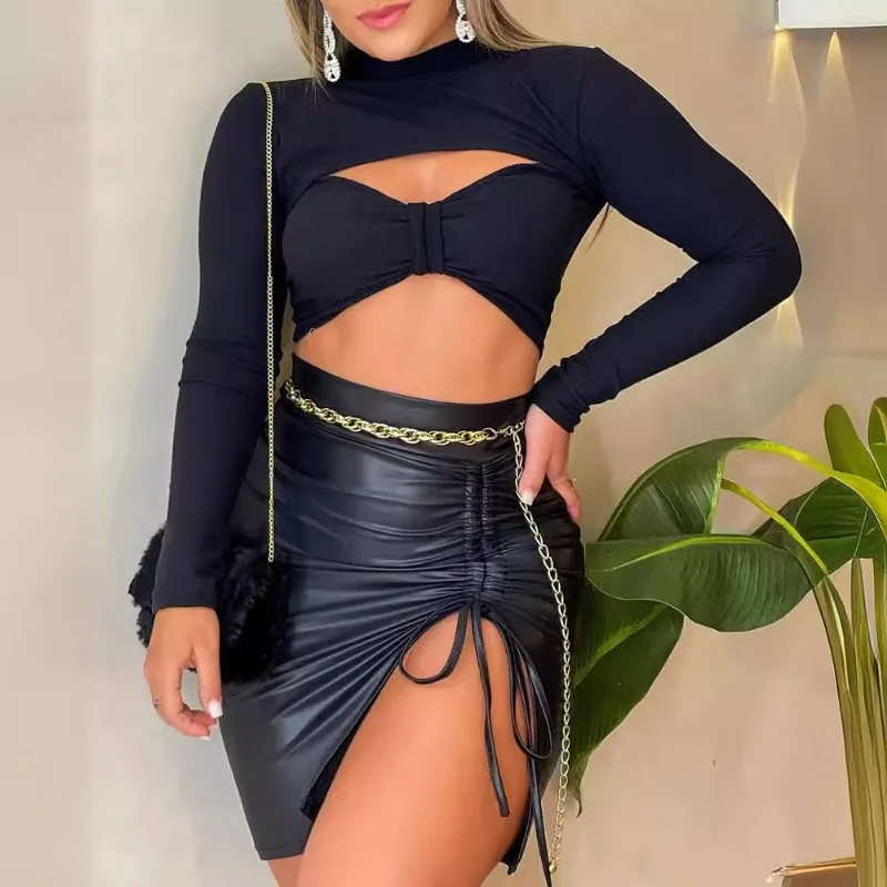 2024 Spring Summer New Women's Closing Solid Color Leather Drawstring Skirt All-match