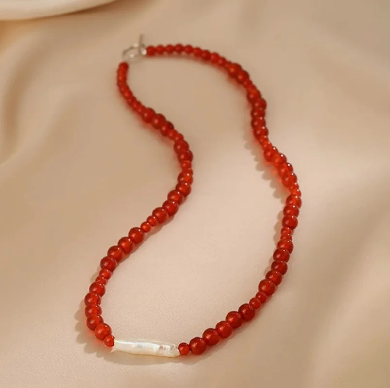 

Minar Vintage Red Agate Natural Stone Irregular Freshwater Pearl Beaded Necklace for Women Silver Toggle Clasp Circle Chokers