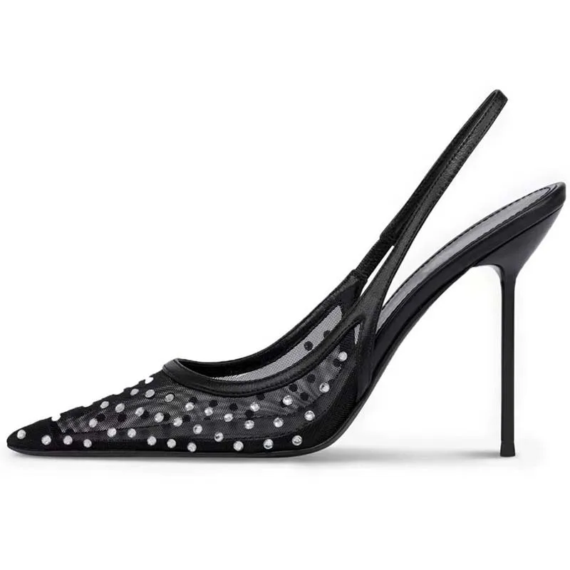 

Sexy Rhinestone Mesh Sandals Pointed Closed Toe Stiletto Slingback High Heels Fashionable Versatile Large-Size Women's Shoes