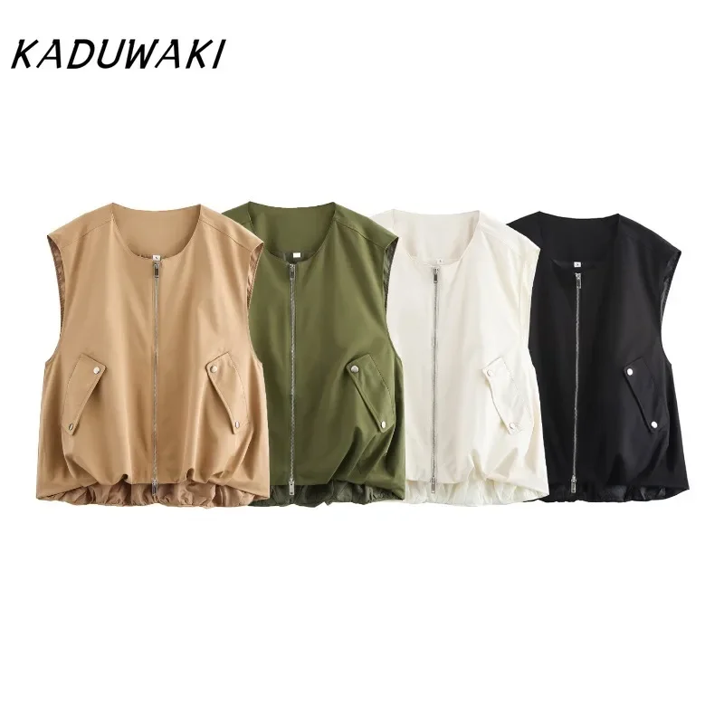 

KADUWAK Fashion Retro Round Neck Kangshan Solid Vests Trend Loose Zipper Outer Wear Undershirt Streetwear Жилеты Женские Модные
