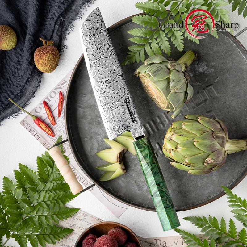 Grandsharp 7''Nakiri Knife Damascus Steel with Green Solidified Wood + Copper Bolster Handle Kitchen Knives Cleaver Knife