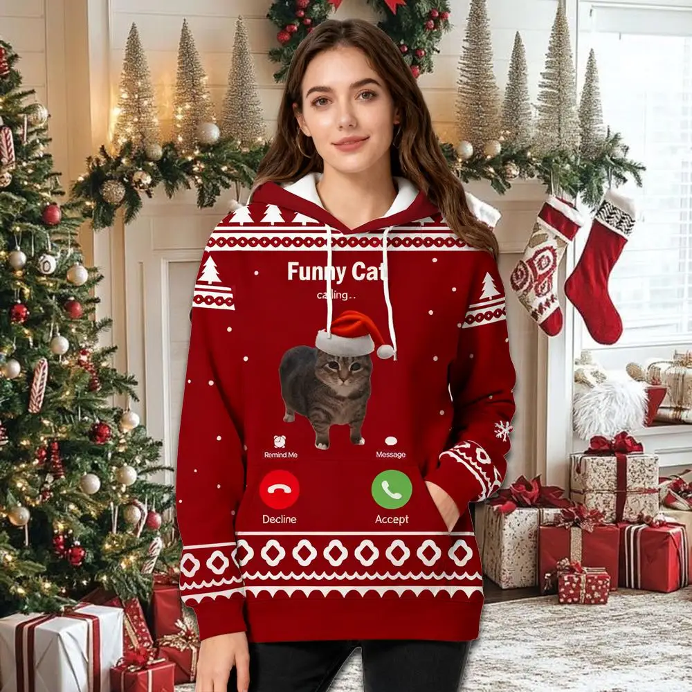 

Christmas Themed Print Women's Hoodie Autumn Winter Warm Long Sleeve Tops Funny Cat Calling Meme Graphic Party Casual Sweatshirt
