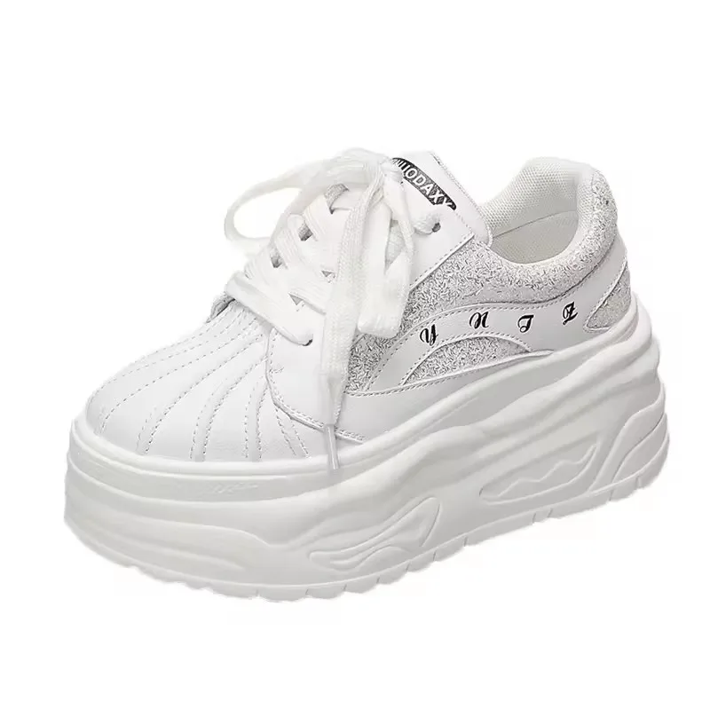 

Sneakers Women Casual White Shoes 8CM Fashion Height Increasing Thick Bottom Spring Platform Leather Woman Chunky Sneakers