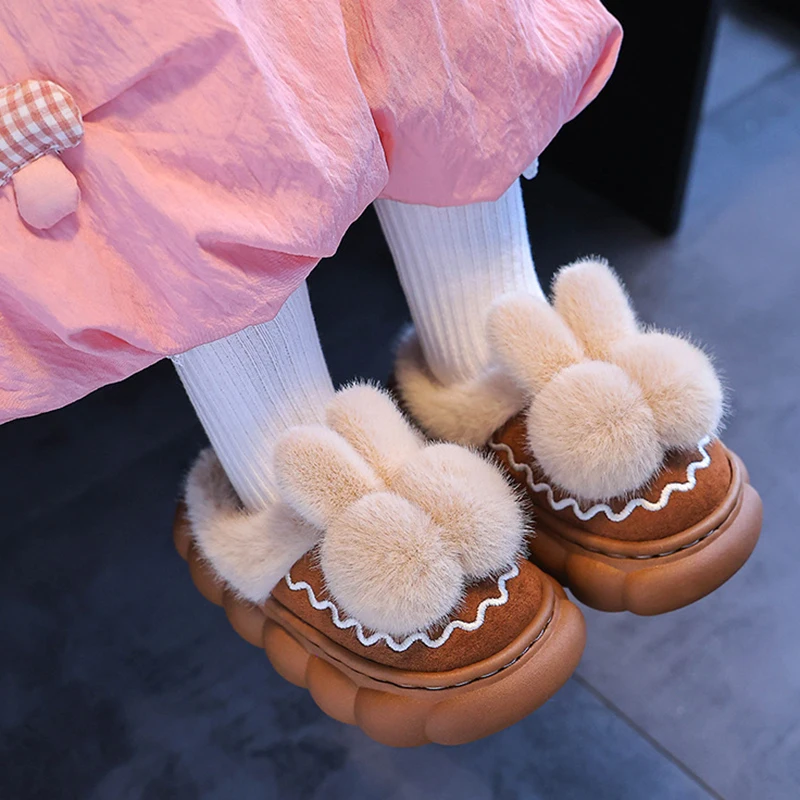 

Розовые домашние тапочки с пушистым мехом и бантом для девочек, зима 2025, теплые толстые плюшевые замшевые домашние тапочки, удобные нескользящие детские шлепанцы