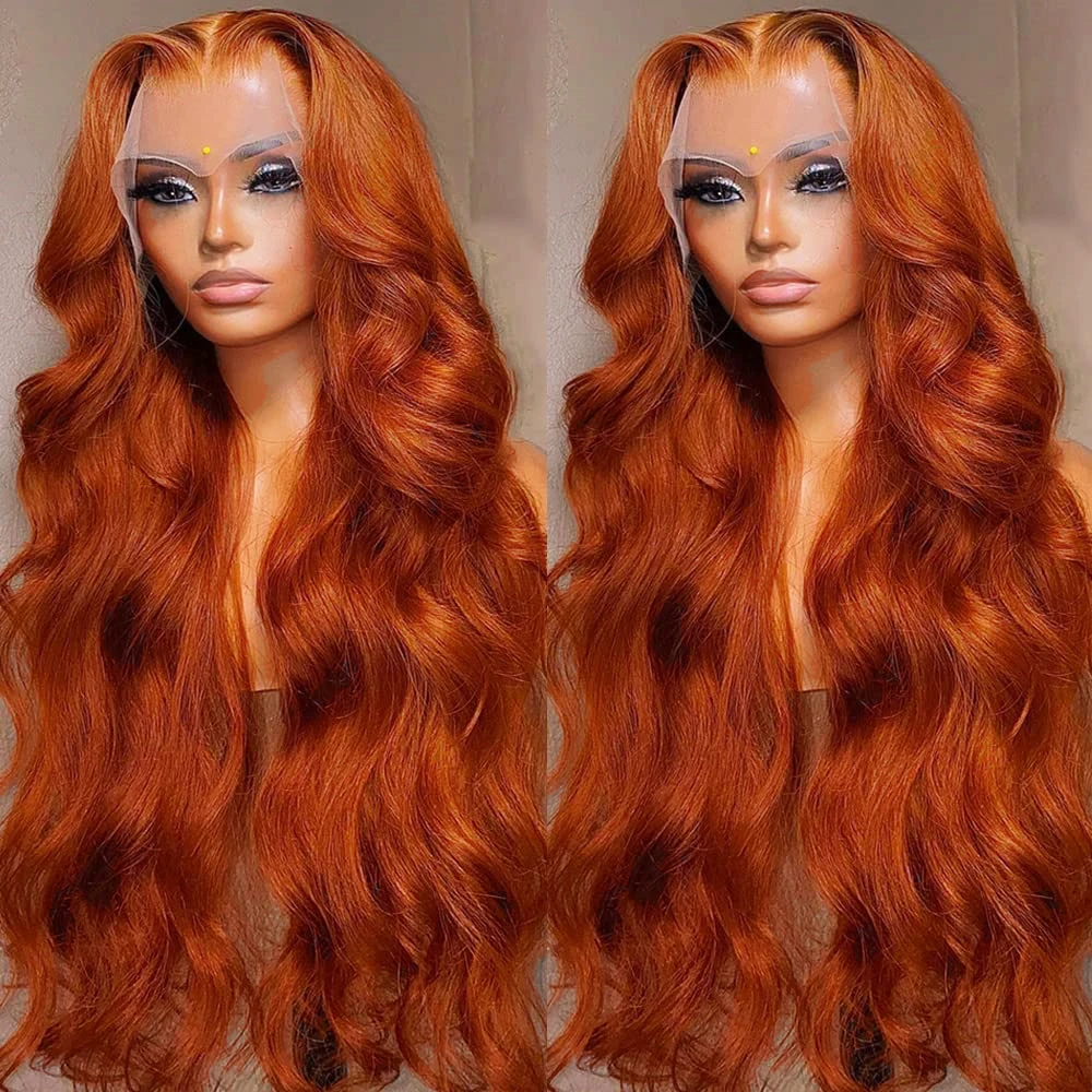 Ginger Orange 13X4 Transparent Lace Frontal Wigs For Woman Ginger Brown Body Wave Lace Front Wig Preplucked Brazilian Remy Wig