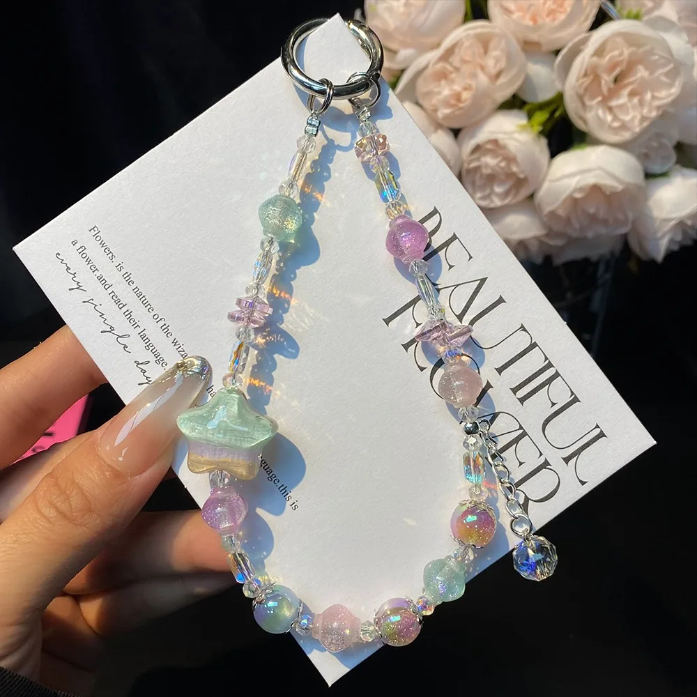 

Stylish Glitter Crystal Bead Pendant Transparent Detachable Wrist Crystal Chain Colorful Phone Strap for Women Girls