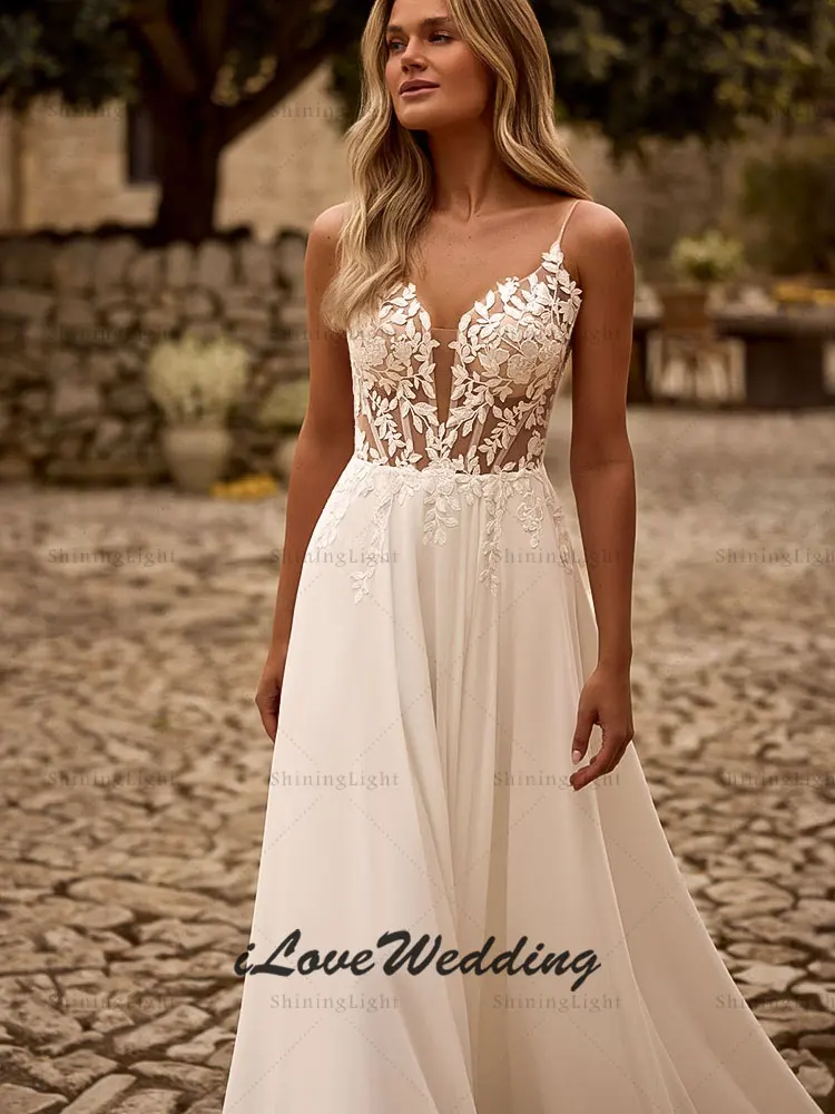 ShiningLight Backless V-Neck Wedding Dresses Applique A-Line Chiffon Spaghetti Straps Boho Beach Bride Gowns 2026 Customized