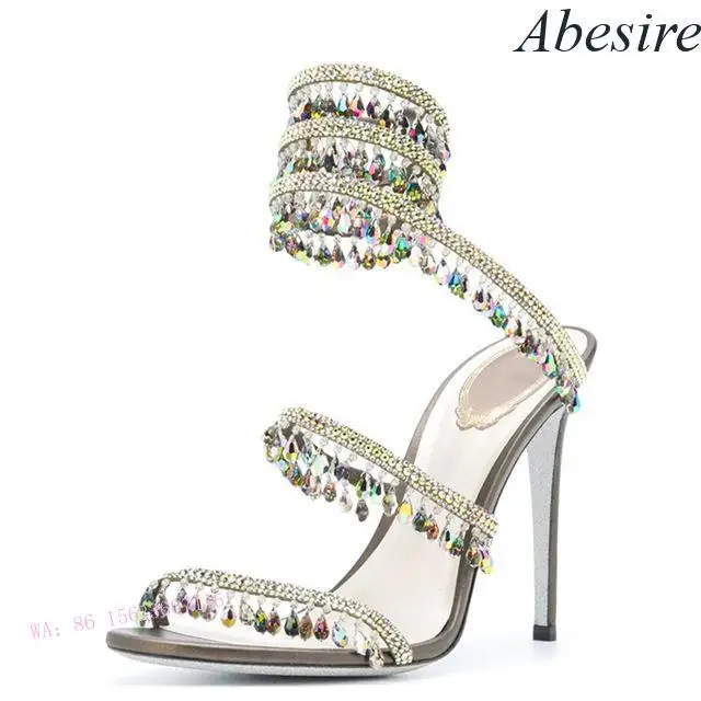 2023 New Crystal Diamond Catwalk Ankle Snake Shape Stiletto Sandals Sexy Large Size Women\'s Shoes