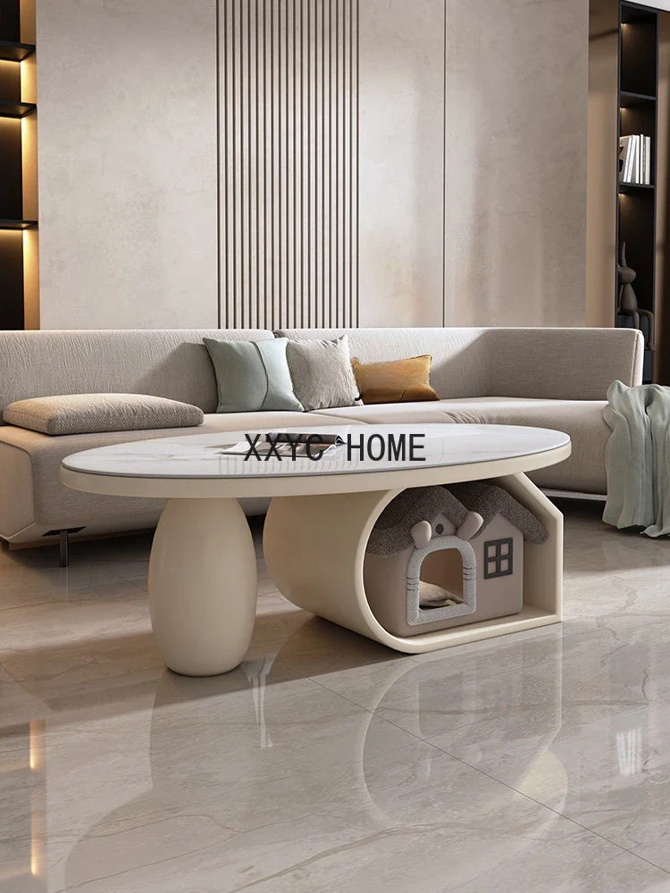 Living Room Home Small Apartment Stone Plate Coffee Table Cream Style Oval Cat House Coffee Table