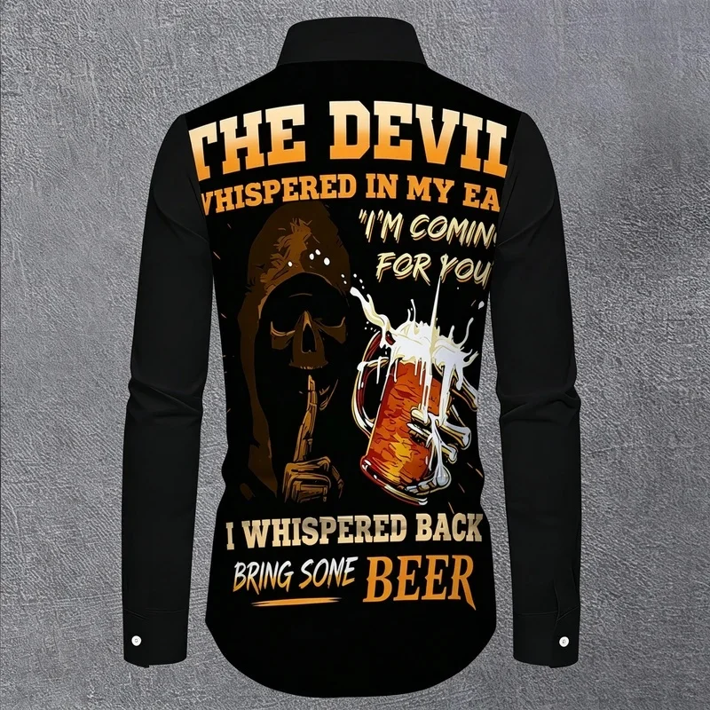 Men's Black Long-Sleeve Shirt with Grim Reaper Skull and Beer Slogan Print on the Back; Motorcycle Bar Collar Shirt