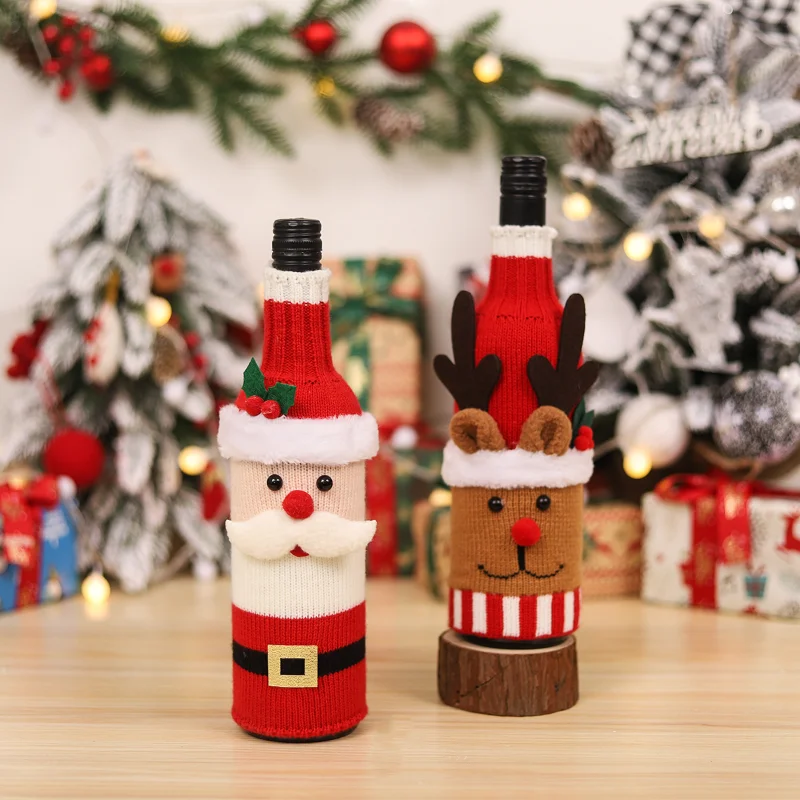2024 New Arrival Christmas Ornament Knitted Wool Belt Elderly Red Wine Bottle Cover Table Dress Up Kitchen Decor Wholesale