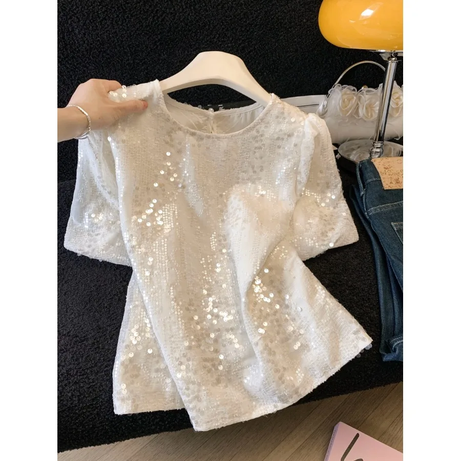 

Slimming Heavy Embellished Organza Lantern Sleeve T-Shirt round Neck Fashionable Creative Women's Spring Summer Shirt