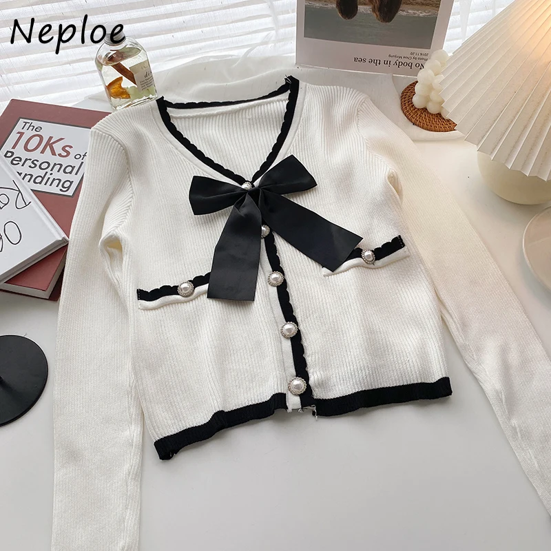 Neploe V-neck Bowknot Decoration Sweet Woman Sweaters Autumn 2024 Korean Style Short Knitted Cardigans Pearl Button Knit Tops