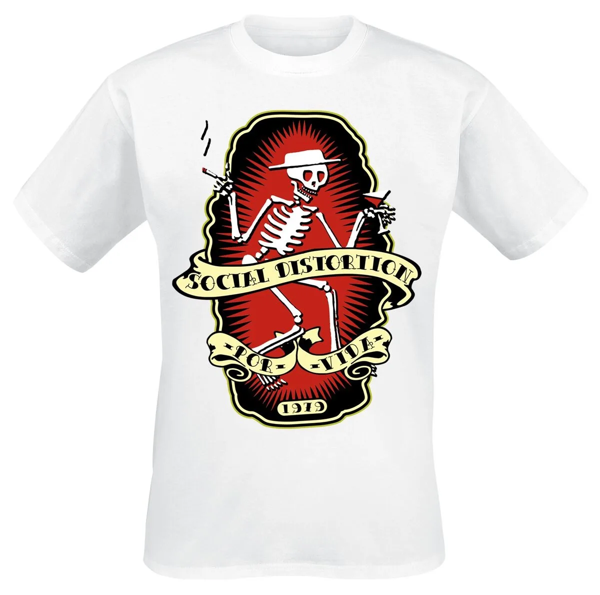 Camiseta Social Distortion com estampa de esqueleto tradicional, masculina e feminina, estilo street punk.