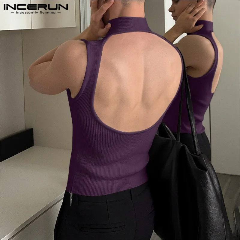 INCERUN Männer Tank Tops Gestrickte Einfarbig Rollkragen Ärmellose Männliche Westen Streetwear Aushöhlen Backless Mode Männer Kleidung