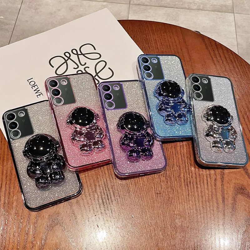 Y200 Y200e Astronaut Holder Phone Case For VIVO Y100i Y100t V29 Lite V29e V25 V21 V19 Neo V11i Gradient Glitter Back Cover