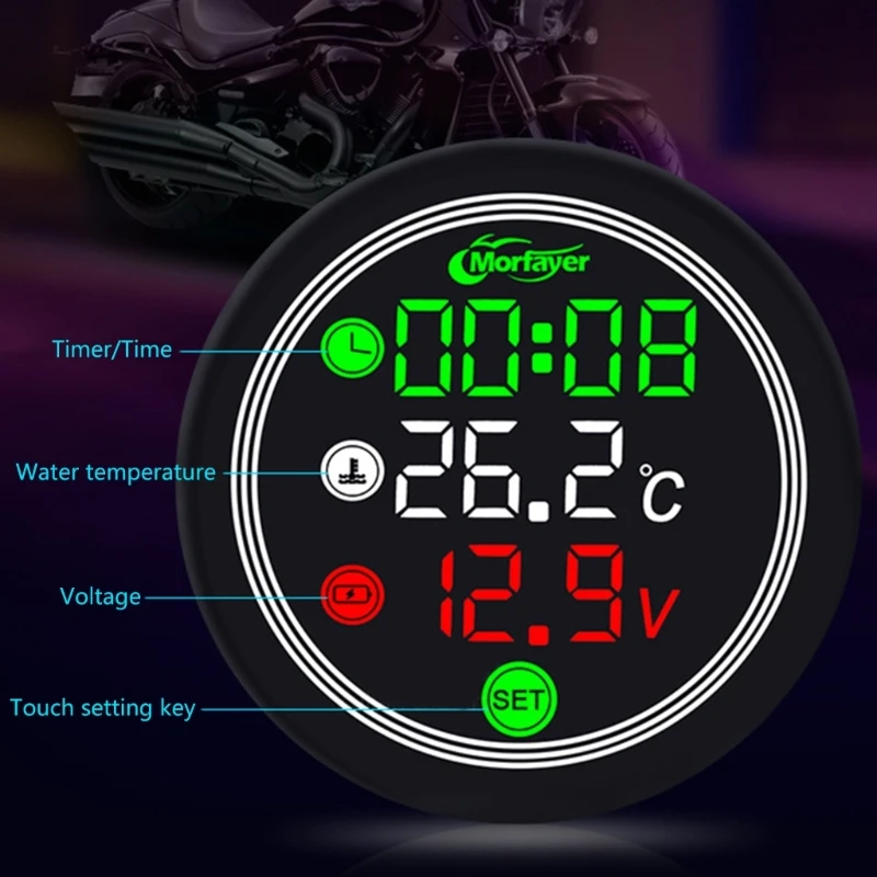 Motorcycle Electronic Timer Time Thermometer Voltmeter 4-in-1 S7 Waterproof Touch-Screen LED Digital Display Voltage Meter