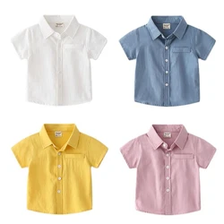 Children's Summer Clothing 2-7Y Baby Cotton Short Sleeved Shirt for Boys Monochromatic Lapel Design Casual Short Sleeved T-shirt