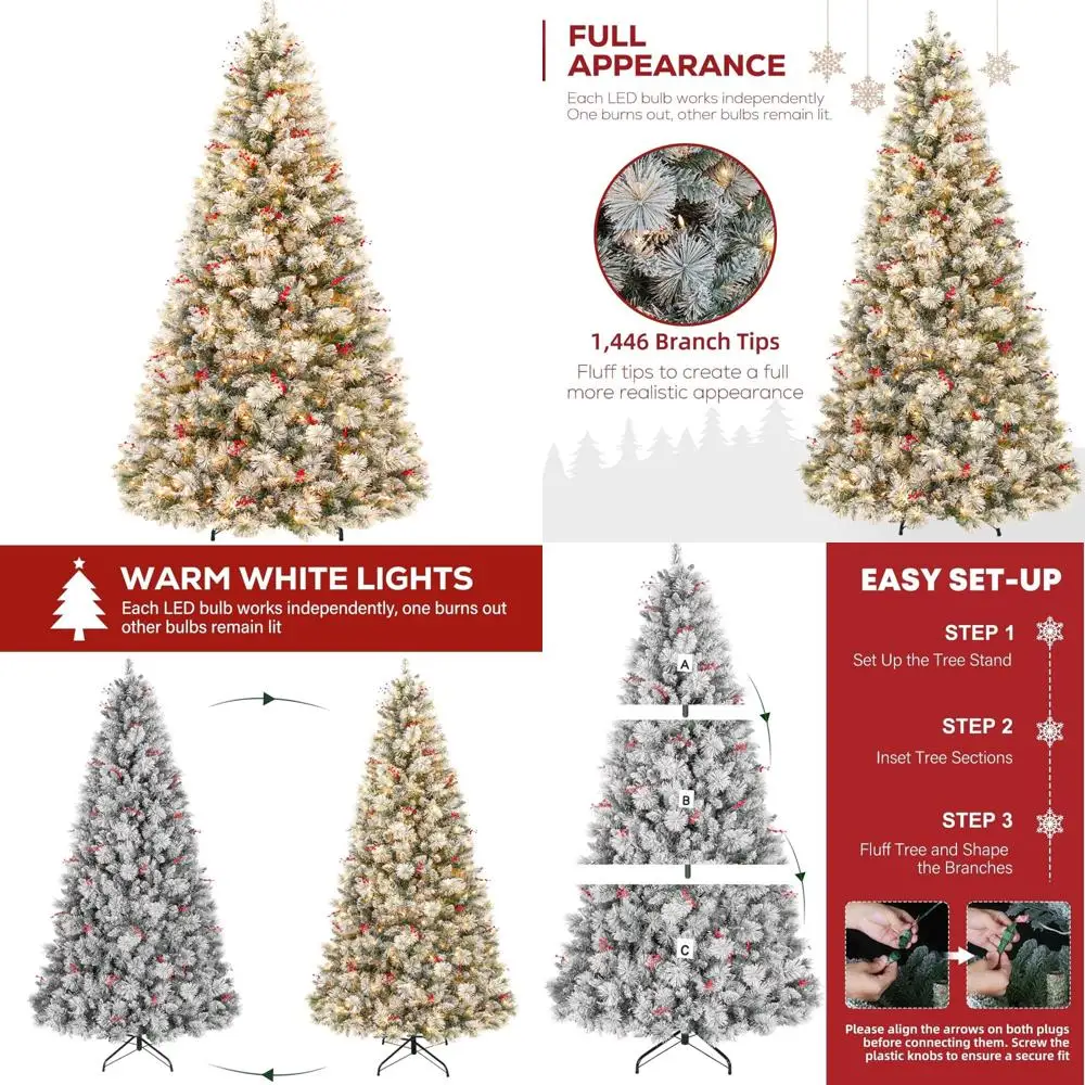 شجرة عيد الميلاد الاصطناعية الثلجية بطول 7.5 أقدام مع 450 مصباح LED، وأطراف فرع 1446، وحامل معدني