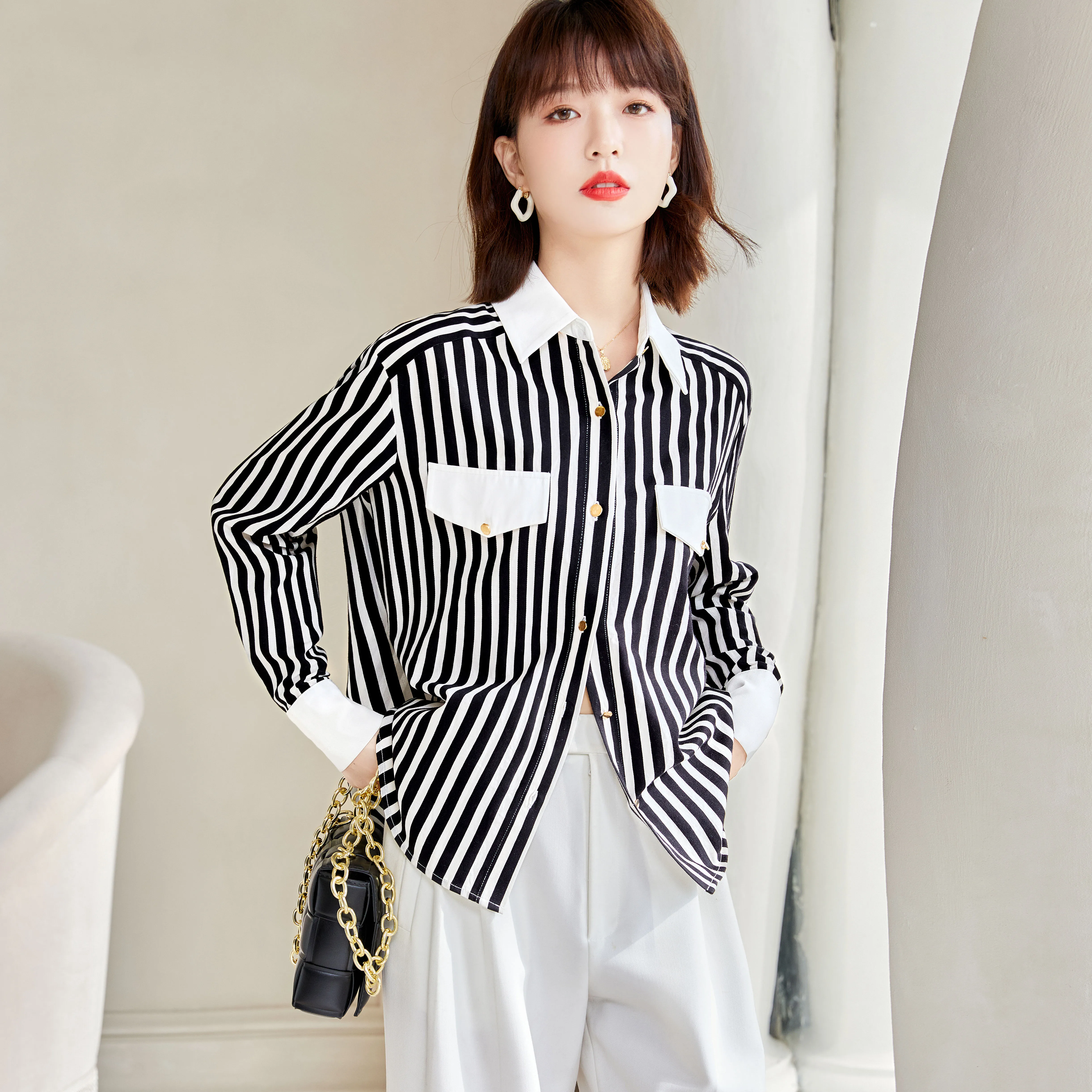 

Black and White Stripe Spliced Long Sleeve Shirt Women Tops Spring Autumn Vintage Elegant Casual Loose Office Lady Blouse D1850