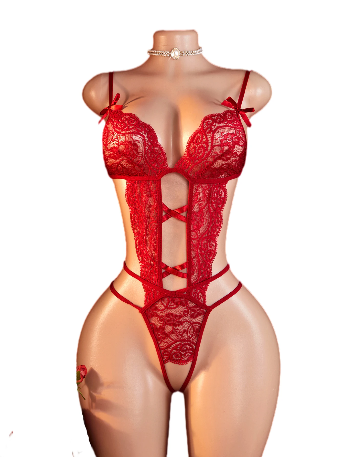 Hot Sexy Crotchless Lingerie Set Combination Women Lace Hollow Bodysuit Teddy Babydoll Dress Deep V Open Bra Erotic Underwear