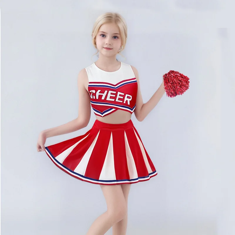 

Cheerleading Uniform Sleeveless Crop Top Pleated Skirt Set Free Bonus Lace Flowers & Socks For Sports Competition Halloween