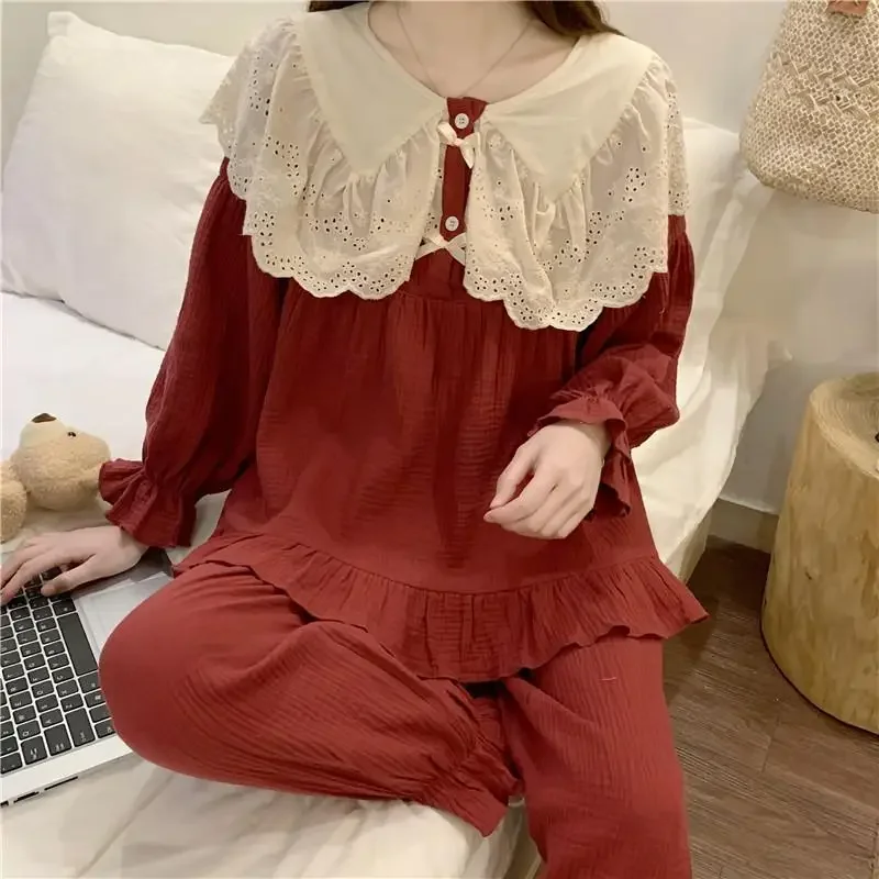 2024 New Oversized Lace Pajamas Women Autumn Winter Loungewear Doll Neck Sleepwear Long Sleeved Falbala Loose Homewear Set