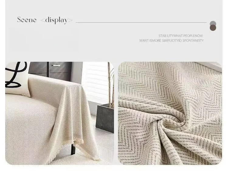 Minimalistisches Chenille-Sofahandtuch im Herribone-Stil mit Quastenrand, Sofabezug, Decke, Heimdekoration, Freizeit, Entspannung, Strandtuch – Detail 10