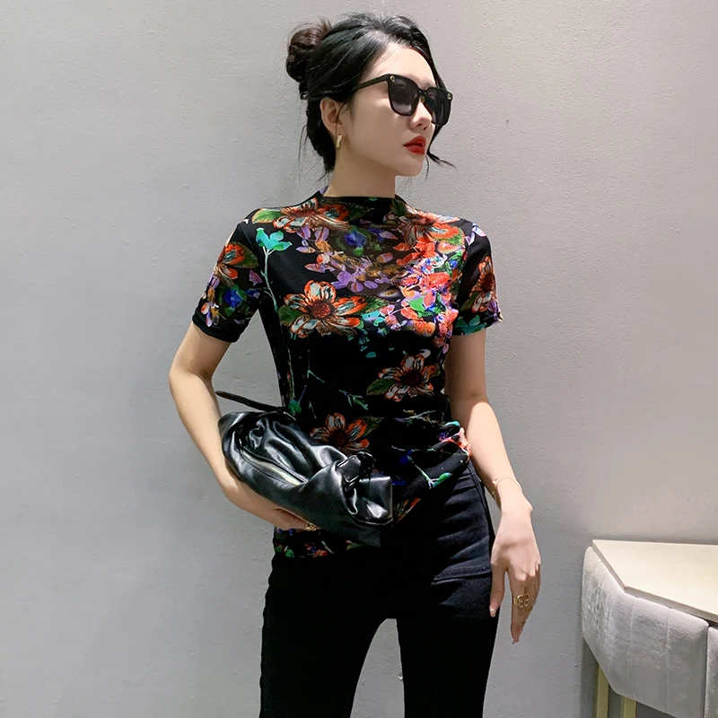 Early Autumn Mesh Tshirts Women Short Sleeve Half Turtleneck Printed Floral Tees Girls Slim Elastic T Shirts Tops BH3878