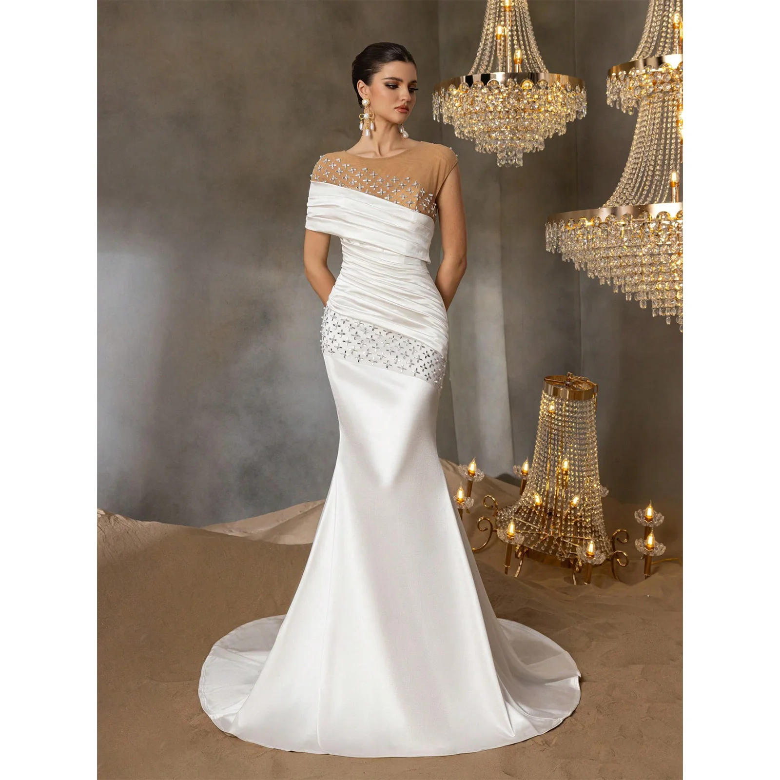 

Элегантное свадебное платье с плиссированной передней частью, украшенной стразами, сеткой с бисером и атласом, роскошное вечернее платье, 2026.