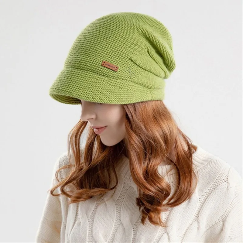 Winter Knitted Women Hat Beanie Thick Warm Baggy Cap With Visors Casual Lady Wide Brim Baseball Cap Ear Protection Hat