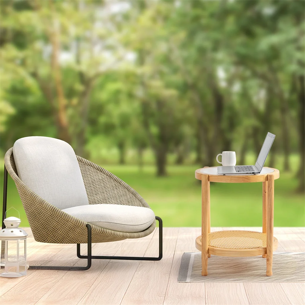 19.7in Rattan Coffee Table with Glass Top, Small Round End Table, Boho Style Side Table Sofa End Table for Living Room Balcony