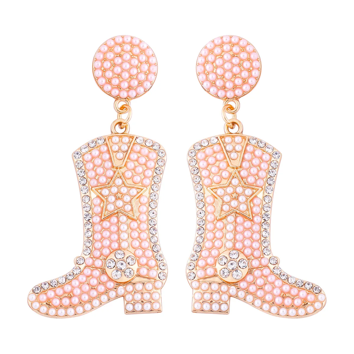 Vintage Pink Beads Cowboy Boots Stud Earrings Rhinestone Studded Beaded Shoes Stud Earrings for Women Birthday Party Jewelry