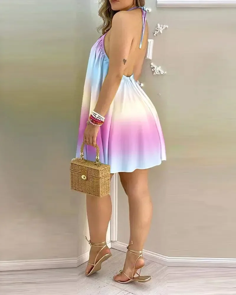 Damen-Minikleid mit Neckholder und Streifenmuster, ärmellos, locker geschnitten, lässiges Urlaubs-Swing-Kleid – Detail 14