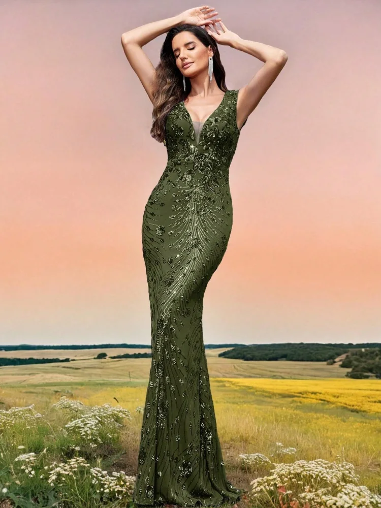 

Lucyinlove Elegant Green Sequin Evening Dress 2024 Women Long Mermaid Formal Deep V-neck Prom Luxury Wedding Party Cocktail Gown