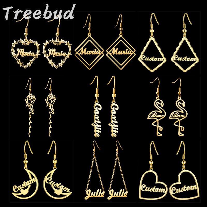 Treebud Custom Name Earrings for Women Stainless Steel Personalized Heart Rose Flower Drop Stud Earrings Jewelry Gifts