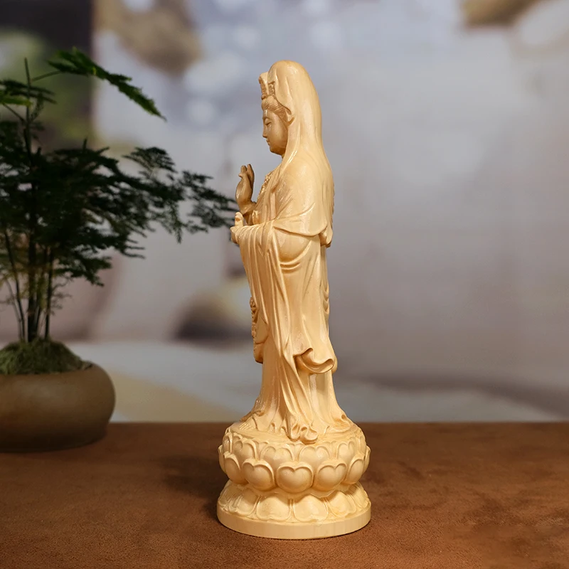 Wood Carved Nanhai Guan Yin Bodhisattva - Home Worship Standing Wooden Kwan Yin Decoration