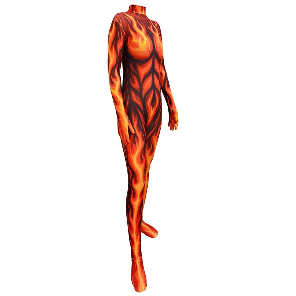 Body de cuerpo entero con estampado realista de llamas de fuego, unisex para adulto, disfraz de demonio para Halloween 5