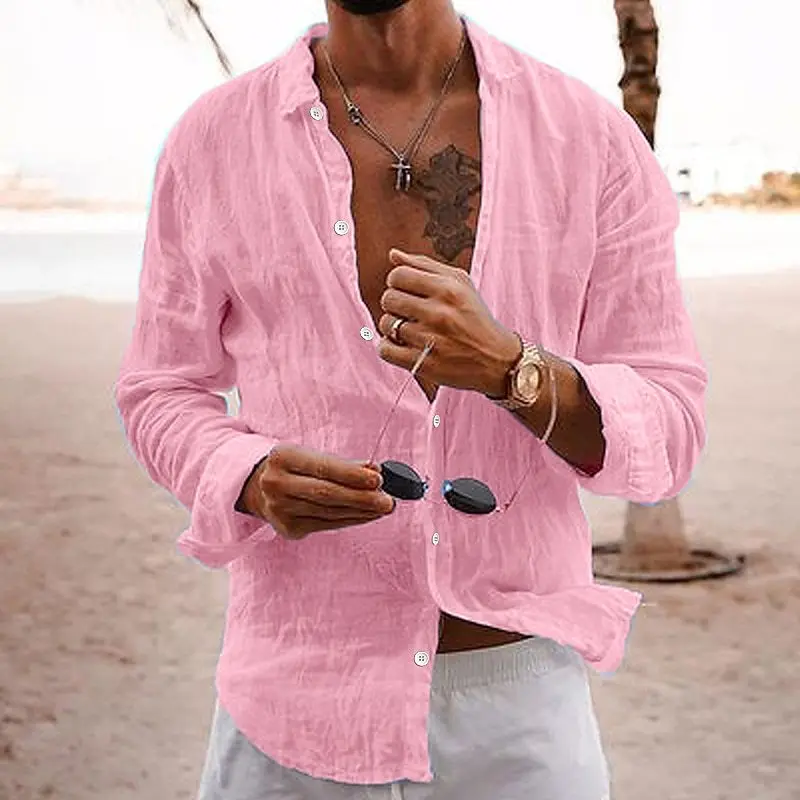 2024 Spring/summer new men\'s cotton lapel business casual shirt fashion trend High quality solid color beach long sleeve cardiga