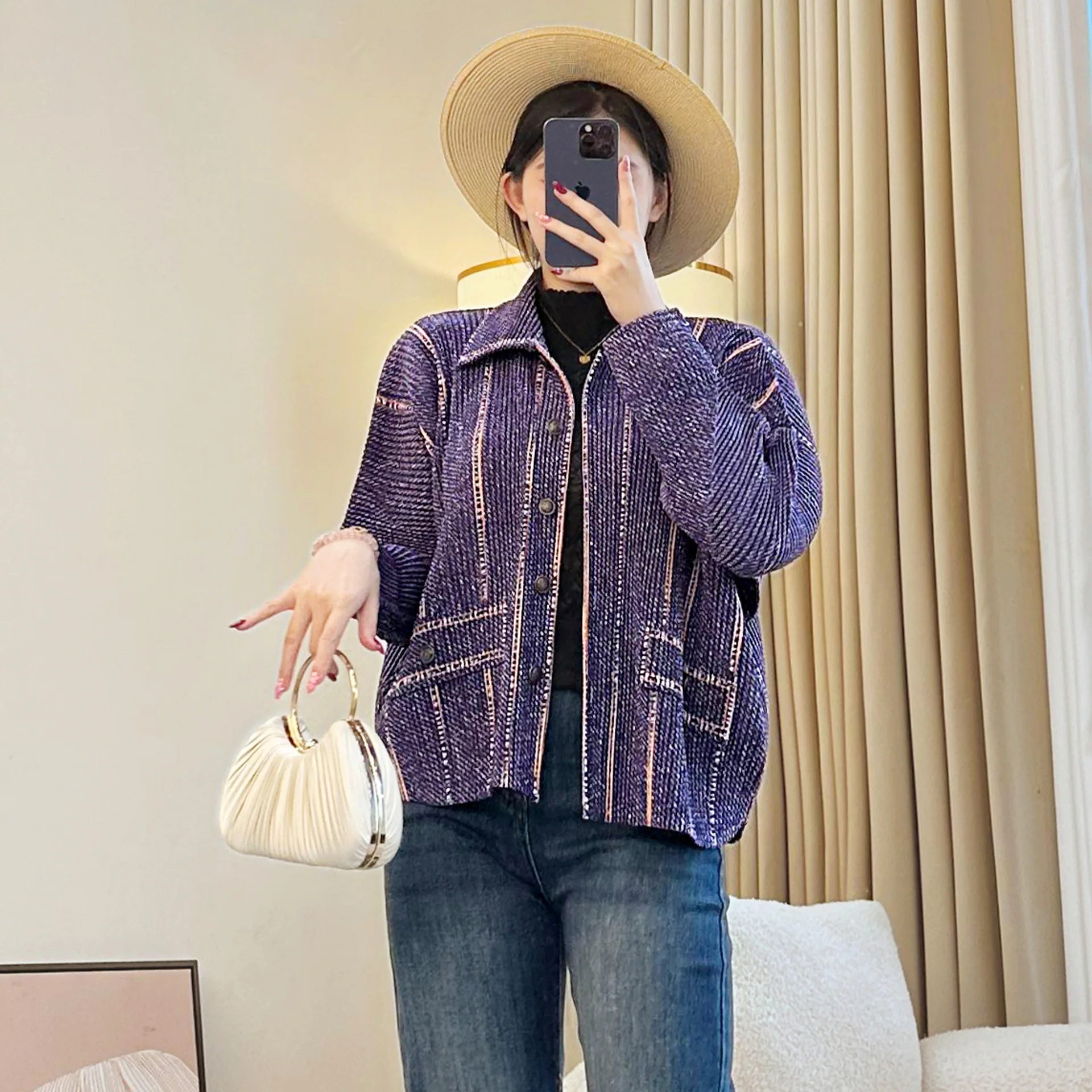 

Miyake Pleated Top Women's 2025 New Design Print, Pocket, Splicing, Lapel Long-sleeved Single-breasted Cardigan Jacket