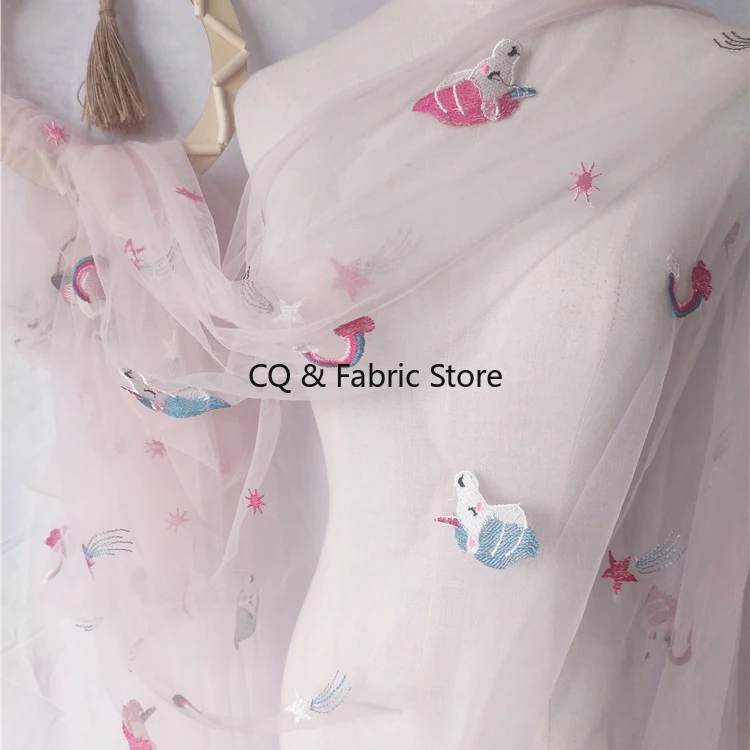 Pink Mesh Embroidery Lace Fabric Cartoon Animal Unicorn Embroidered Tulle Fabric DIY Skirt Women's Children's Clothing Fabric